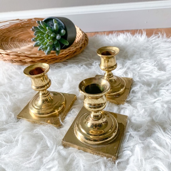 Set of 3 - Vintage MCM Gold Brass Candle Sticks - Picture 2 of 7